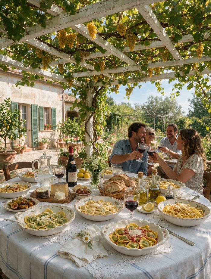 Tavola all'aperto con pasta e vino