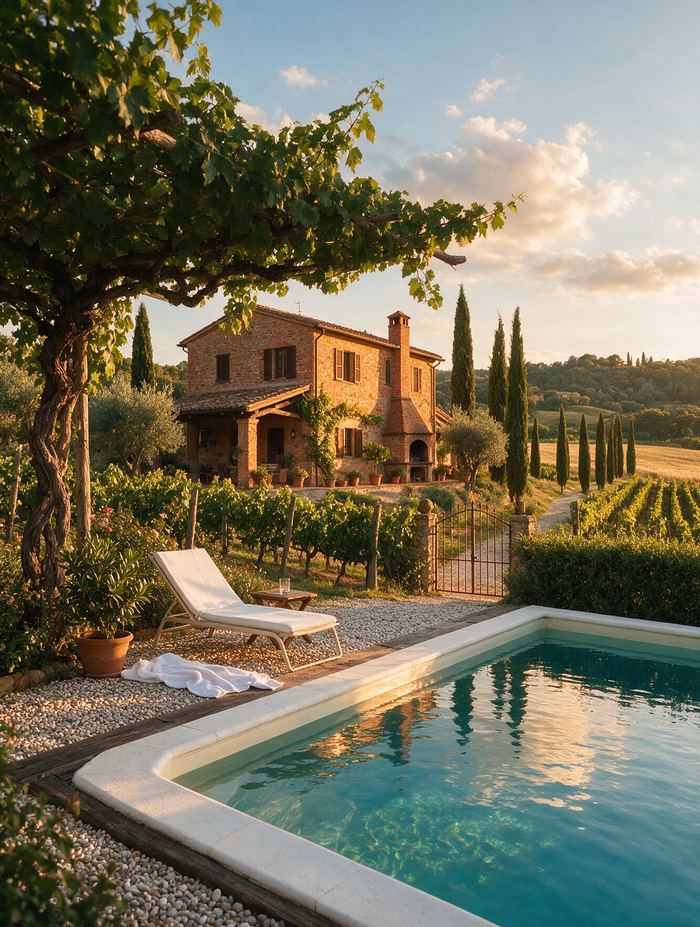 Piscina di un casale tra vigne e cipressi
